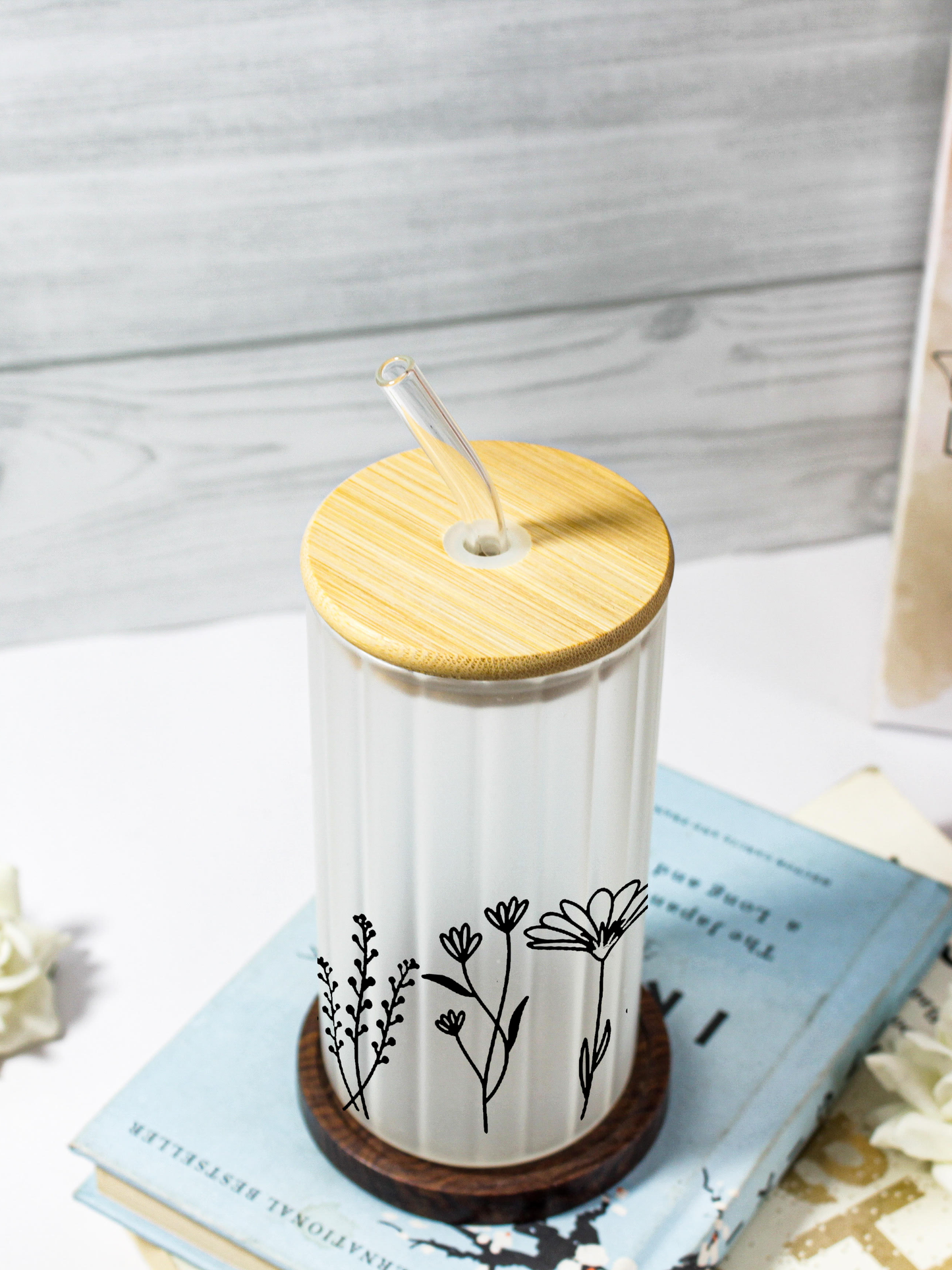 Frosted Ripple Taille Sipper 500ml| Wild-Flower Print | 18oz Ripple Frosted Glass Tumbler with lid and straw