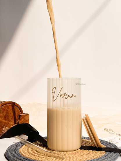 Personalized Frosted Ripple Taille Sippers 500ml| Name Edition| Coffee Fluted Glass Tumbler with straw and lid 18oz