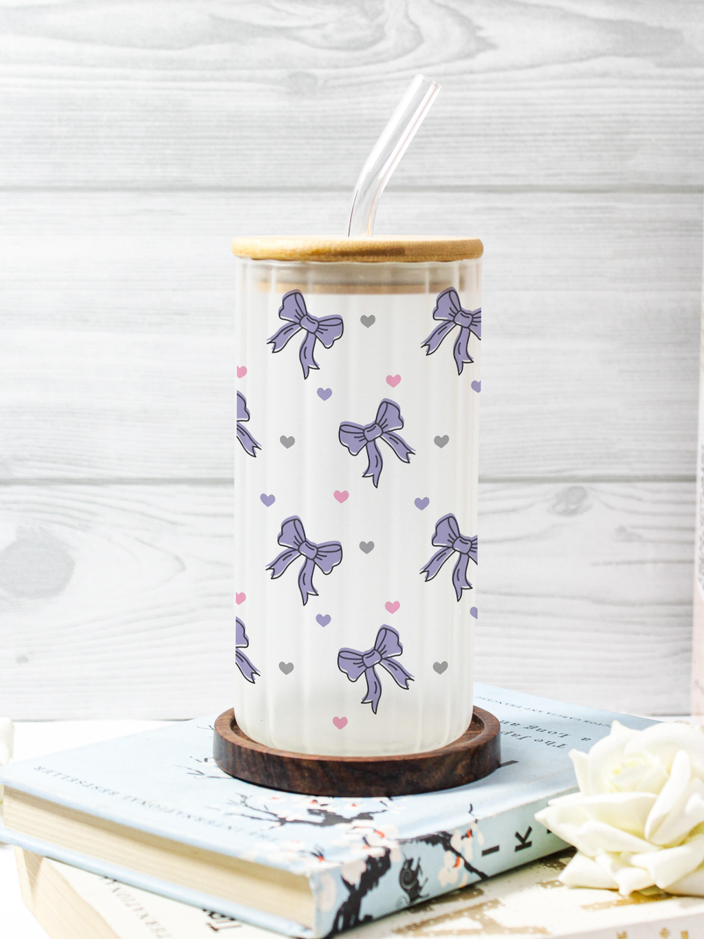 Frosted Ripple Taille Sipper 500ml| Lilac Bows Print | 18oz Ripple Frosted Glass Tumbler with lid and straw