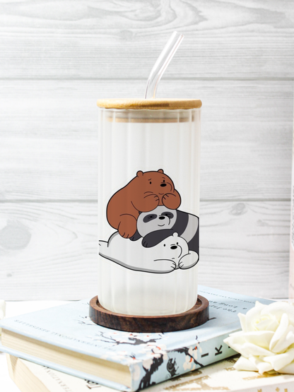 Frosted Ripple Taille Sipper 500ml| Bare Bears Print | 18oz Ripple Frosted Glass Tumbler with lid and straw