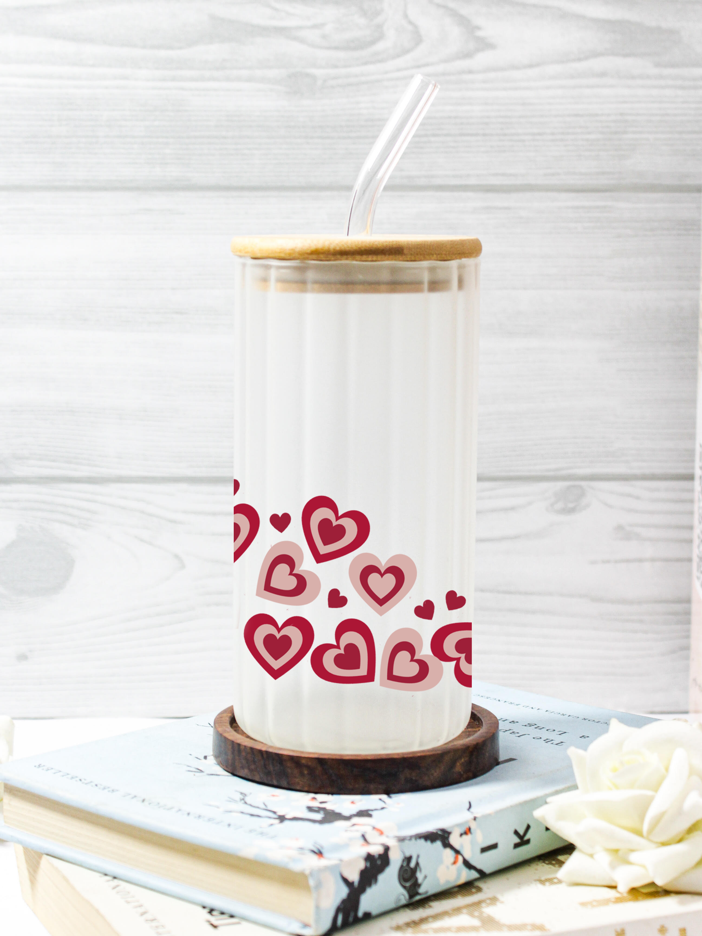 Frosted Ripple Taille Sipper 500ml| Y2K Hearts All Over Print | 18oz Ripple Frosted Glass Tumbler with lid and straw