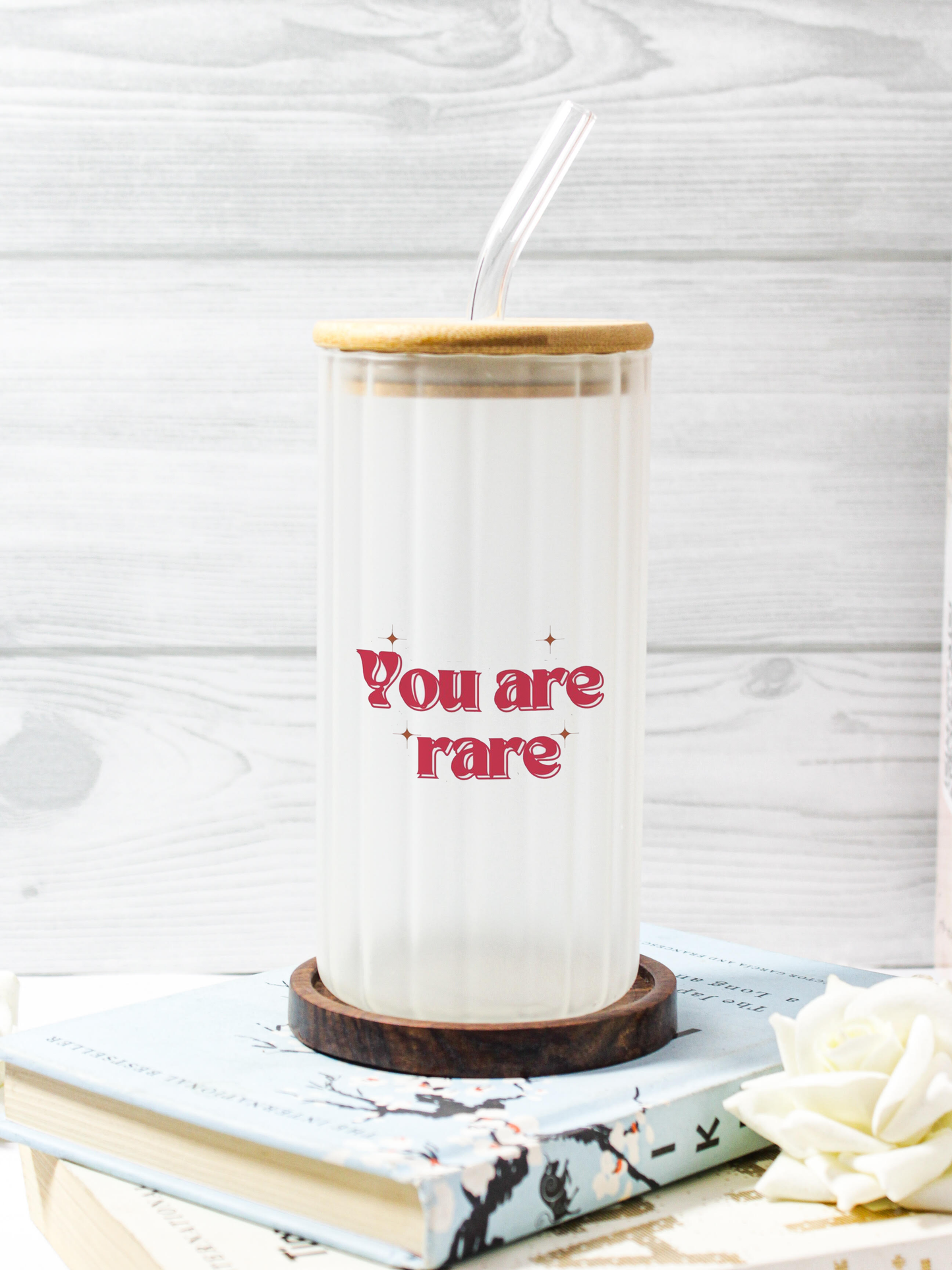 Frosted Ripple Taille Sipper 500ml| You Are Rare Print | 18oz Ripple Frosted Glass Tumbler with lid and straw