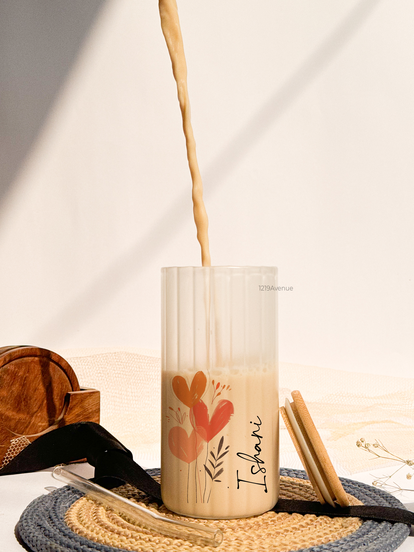 Personalized Frosted Ripple Taille Sippers 500ml|Boho Heart With Name | Coffee Fluted Glass Tumbler with straw and lid 18oz