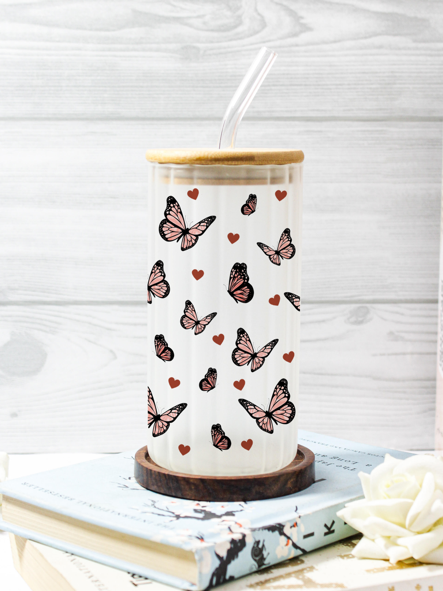 Frosted Ripple Taille Sipper 500ml| Butterfly All Over Print | 18oz Ripple Frosted Glass Tumbler with lid and straw