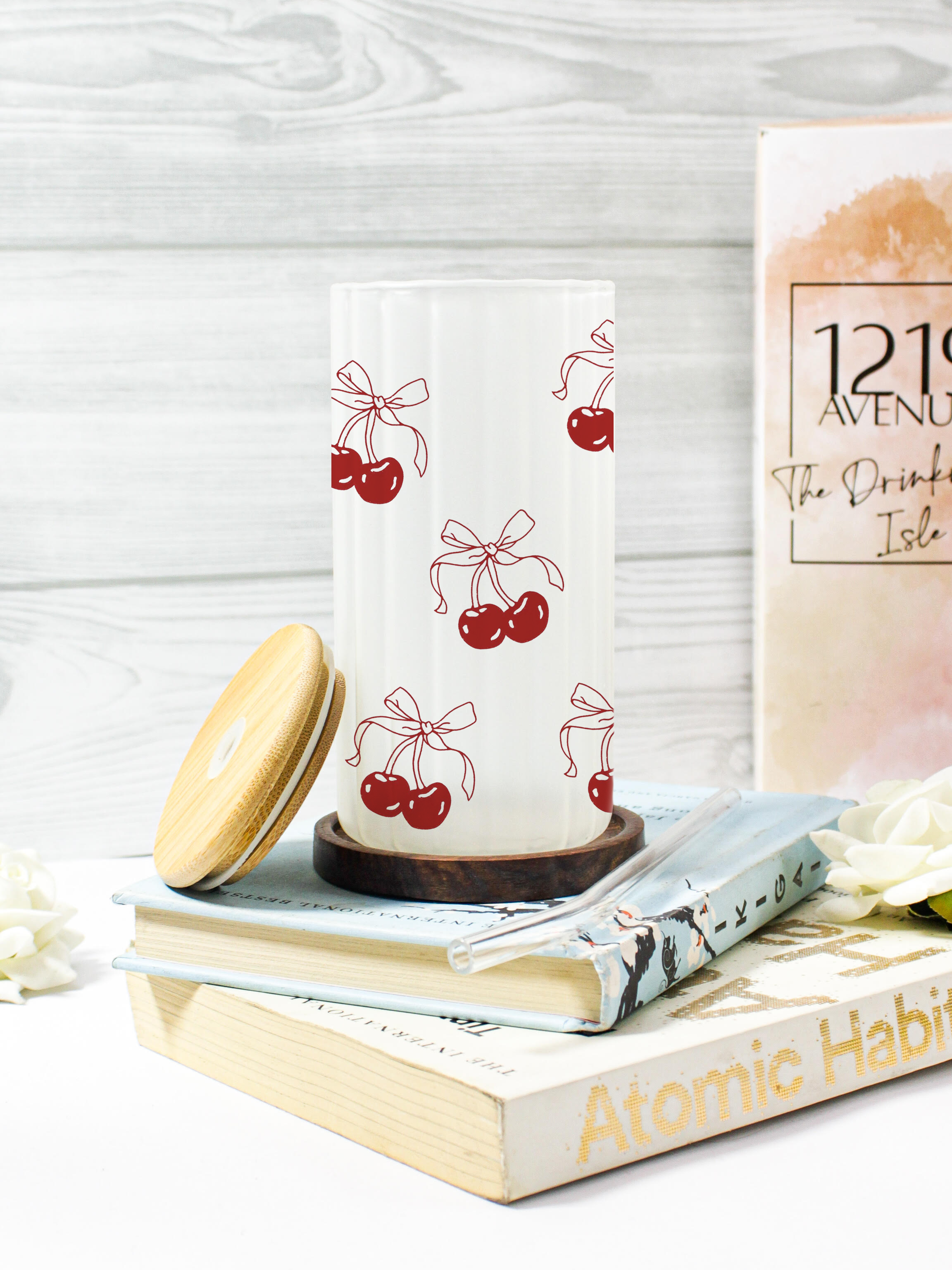 Frosted Ripple Taille Sipper 500ml| Cherry on Top Print | 18oz Ripple Frosted Glass Tumbler with lid and straw