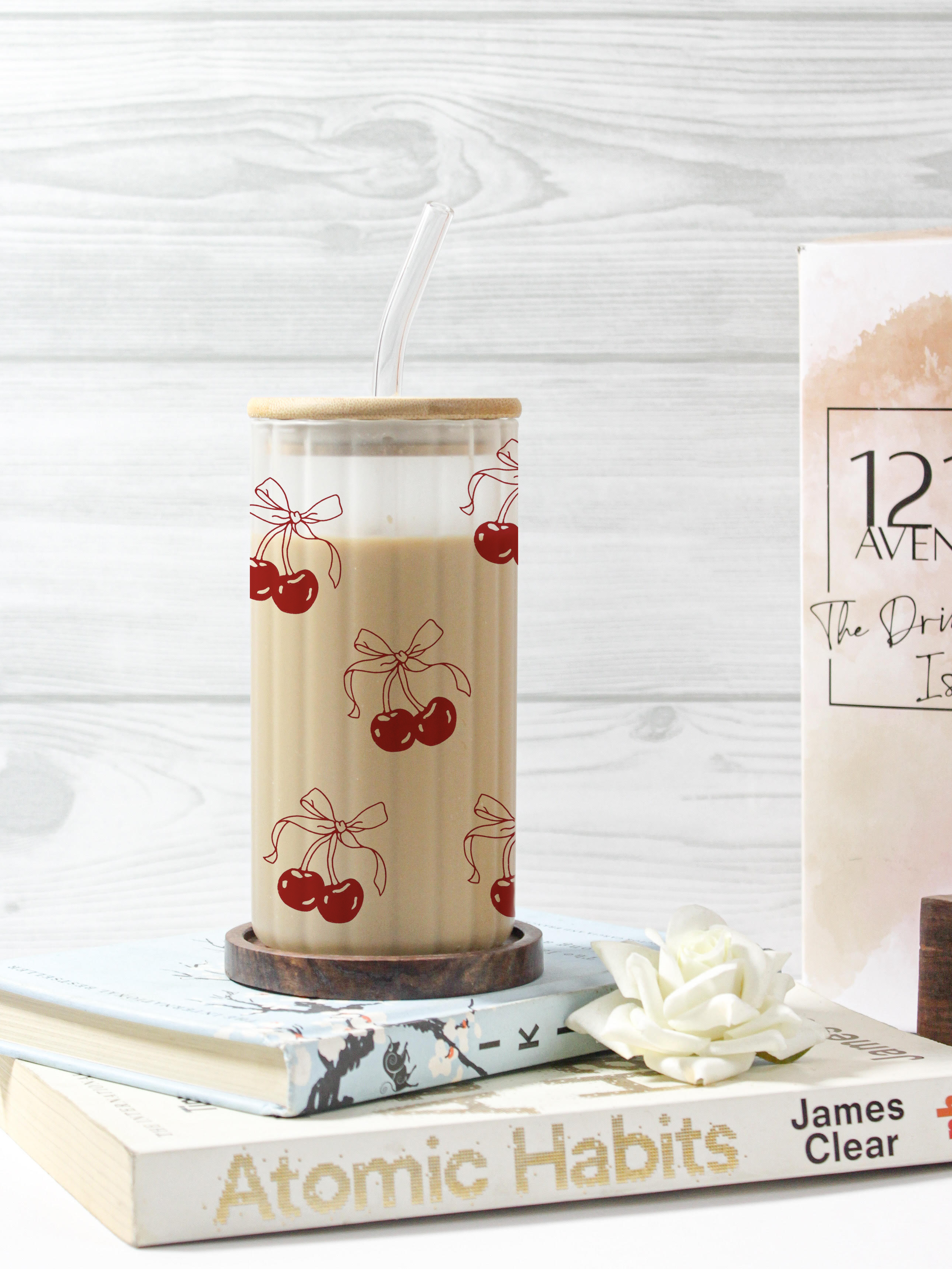 Frosted Ripple Taille Sipper 500ml| Cherry on Top Print | 18oz Ripple Frosted Glass Tumbler with lid and straw