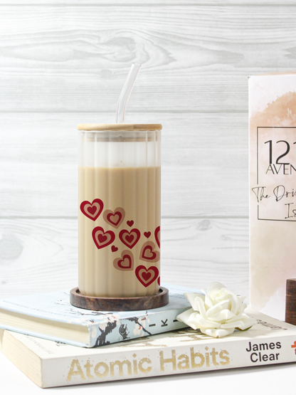 Frosted Ripple Taille Sipper 500ml| Y2K Hearts All Over Print | 18oz Ripple Frosted Glass Tumbler with lid and straw