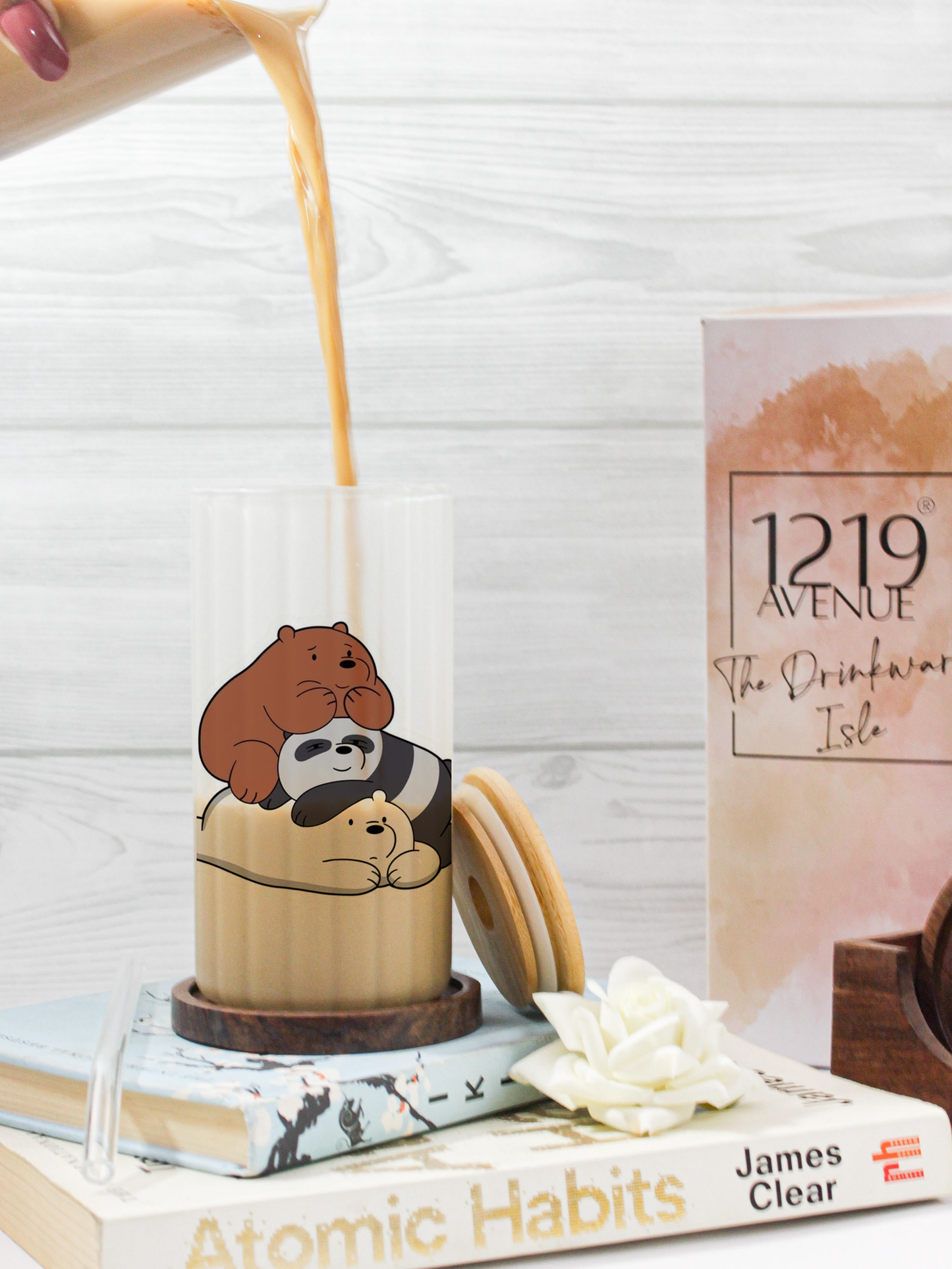 Frosted Ripple Taille Sipper 500ml| Bare Bears Print | 18oz Ripple Frosted Glass Tumbler with lid and straw