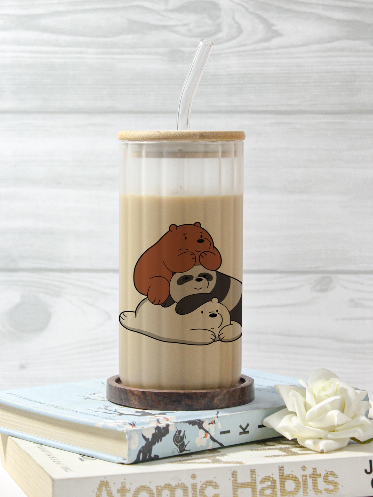 Frosted Ripple Taille Sipper 500ml| Bare Bears Print | 18oz Ripple Frosted Glass Tumbler with lid and straw