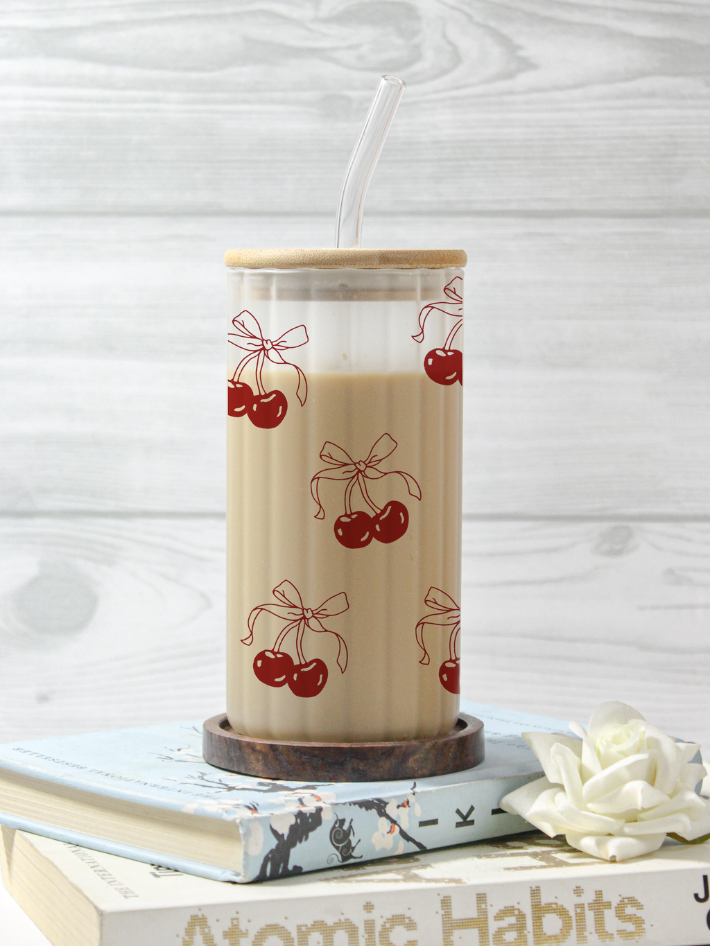 Frosted Ripple Taille Sipper 500ml| Cherry on Top Print | 18oz Ripple Frosted Glass Tumbler with lid and straw