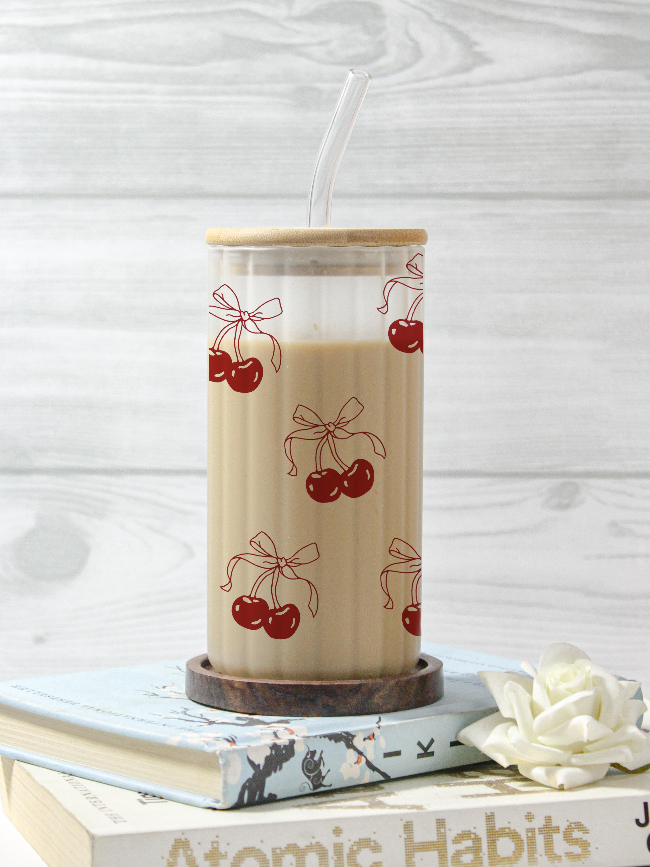 Frosted Ripple Taille Sipper 500ml| Cherry on Top Print | 18oz Ripple Frosted Glass Tumbler with lid and straw