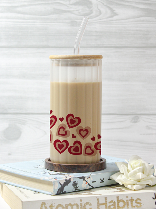 Frosted Ripple Taille Sipper 500ml| Y2K Hearts All Over Print | 18oz Ripple Frosted Glass Tumbler with lid and straw