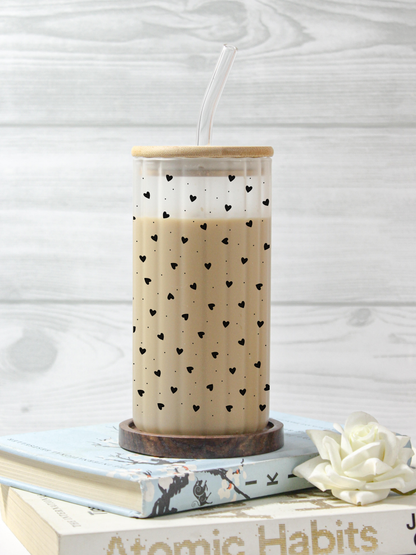 Frosted Ripple Taille Sipper 500ml| Petite Hearts All Over Print | 18oz Ripple Frosted Glass Tumbler with lid and straw