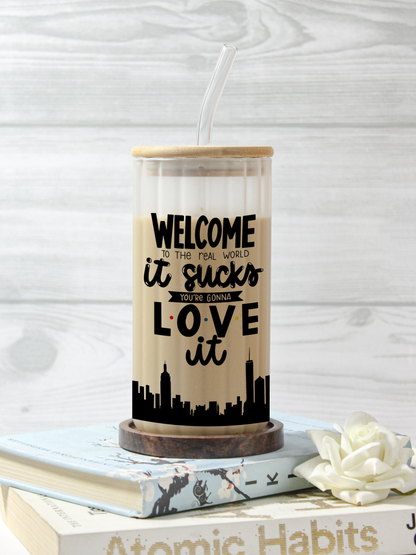 Frosted Ripple Taille Sipper 500ml| Friends Themed Print | 18oz Ripple Frosted Glass Tumbler with lid and straw