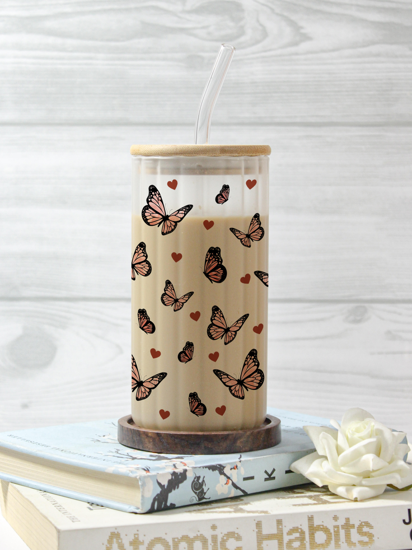 Frosted Ripple Taille Sipper 500ml| Butterfly All Over Print | 18oz Ripple Frosted Glass Tumbler with lid and straw