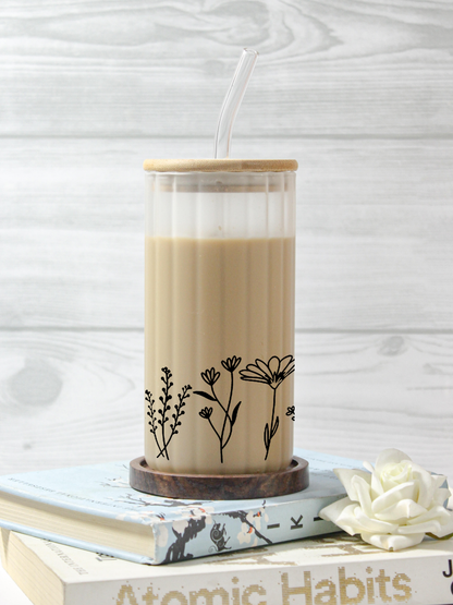 Frosted Ripple Taille Sipper 500ml| Wild-Flower Print | 18oz Ripple Frosted Glass Tumbler with lid and straw