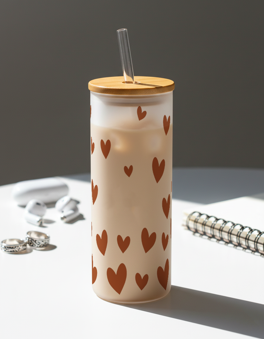 Personalized Frosted Grande Sipper 650 ml |Autumn Hearts Print | Coffee Glass Tumbler with straw and lid