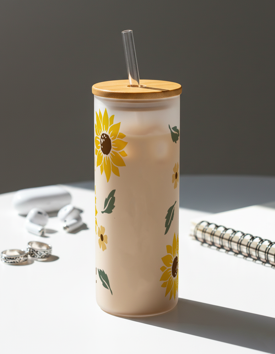 Personalized Frosted Grande Sipper 650 ml |Golden Bloom Print | Coffee Glass Tumbler with straw and lid