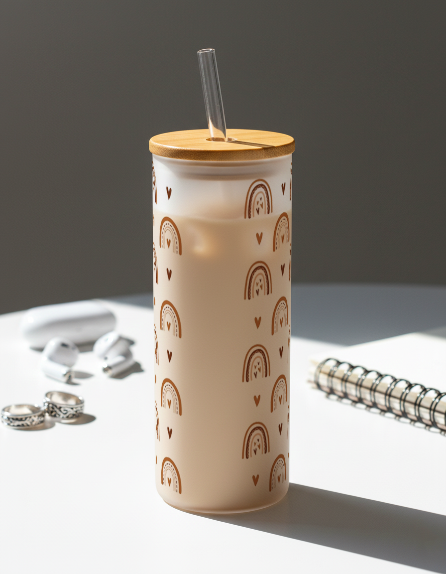 Personalized Frosted Grande Sipper 650 ml |Boho Love Archs Print | Coffee Glass Tumbler with straw and lid