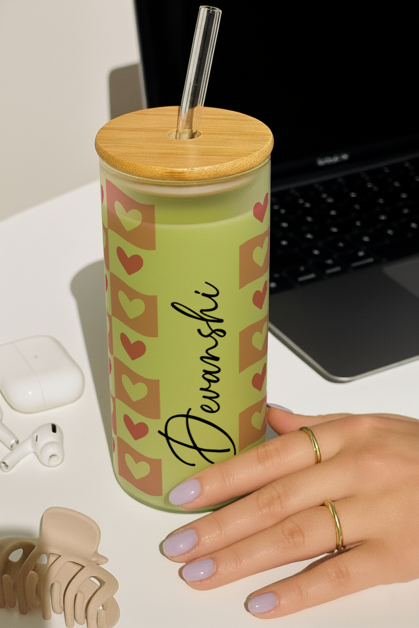 Personalized Frosted Grande Sipper 650 ml |Pink Love Patch Print | Coffee Glass Tumbler with straw and lid
