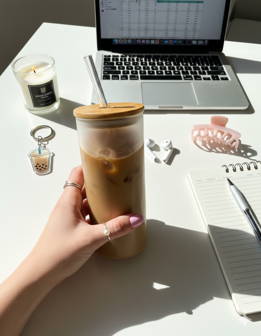 Personalized Frosted Grande Sipper 650 ml |Autumn Hearts Print | Coffee Glass Tumbler with straw and lid