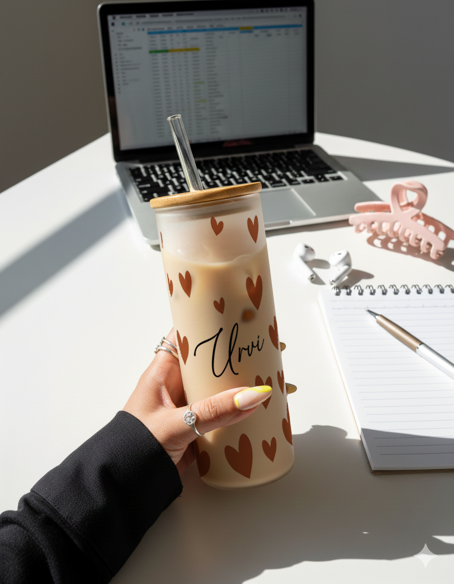 Personalized Frosted Grande Sipper 650 ml |Autumn Hearts Print | Coffee Glass Tumbler with straw and lid