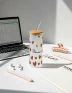 Personalized Frosted Grande Sipper 650 ml |Autumn Hearts Print | Coffee Glass Tumbler with straw and lid