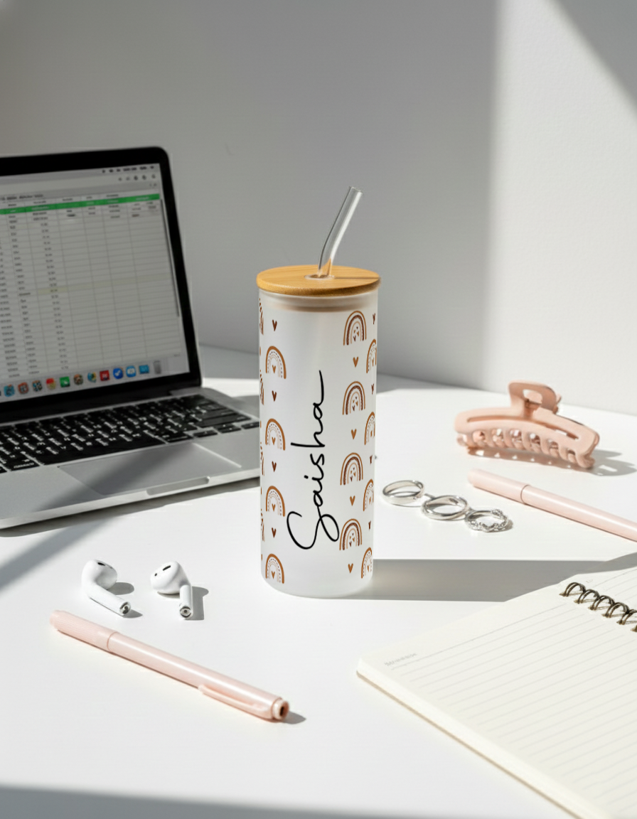 Personalized Frosted Grande Sipper 650 ml |Boho Love Archs Print | Coffee Glass Tumbler with straw and lid