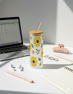 Personalized Frosted Grande Sipper 650 ml |Golden Bloom Print | Coffee Glass Tumbler with straw and lid