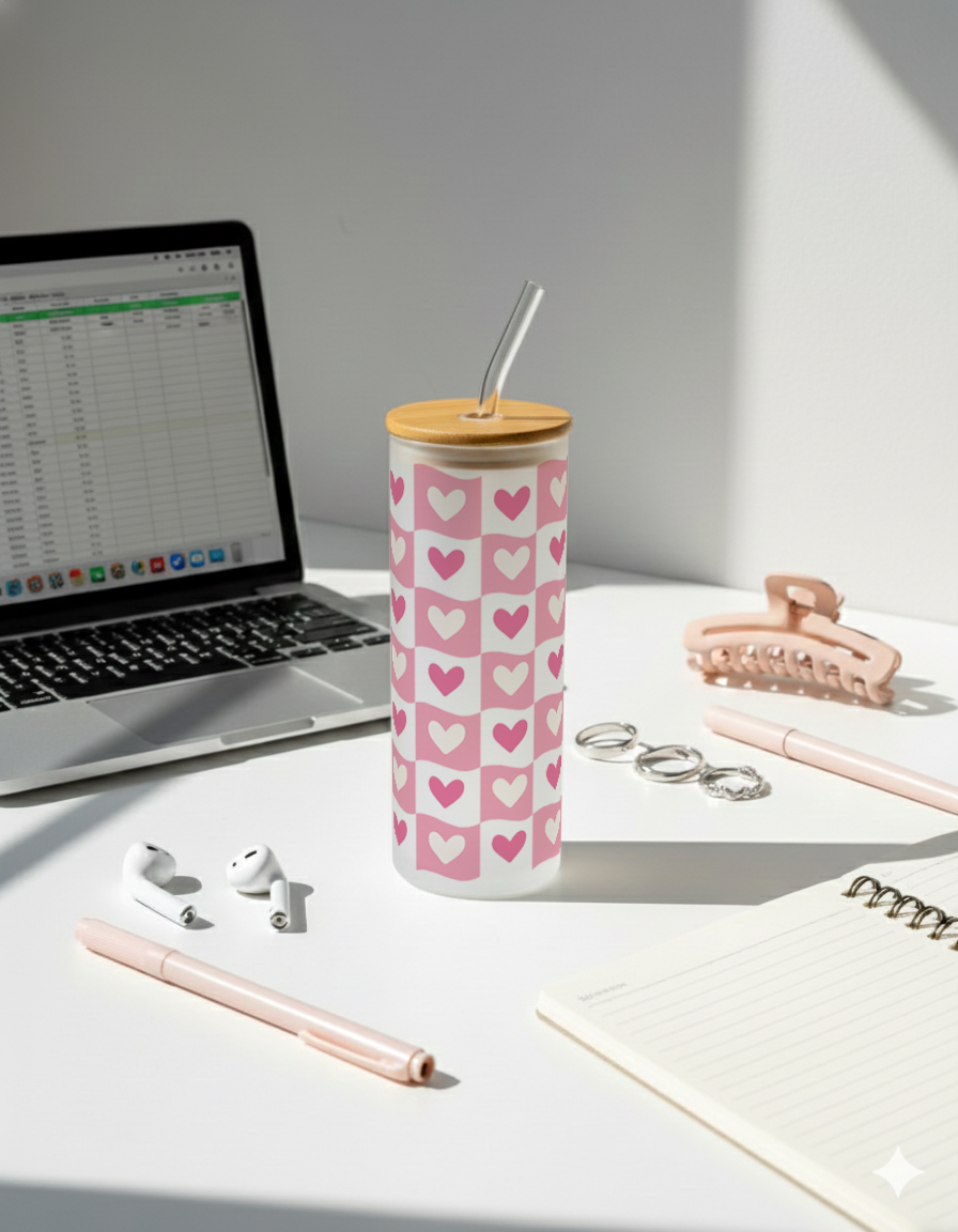 Personalized Frosted Grande Sipper 650 ml |Pink Love Patch Print | Coffee Glass Tumbler with straw and lid