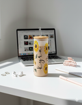 Personalized Frosted Grande Sipper 650 ml |Golden Bloom Print | Coffee Glass Tumbler with straw and lid
