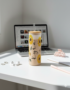 Personalized Frosted Grande Sipper 650 ml |Golden Bloom Print | Coffee Glass Tumbler with straw and lid