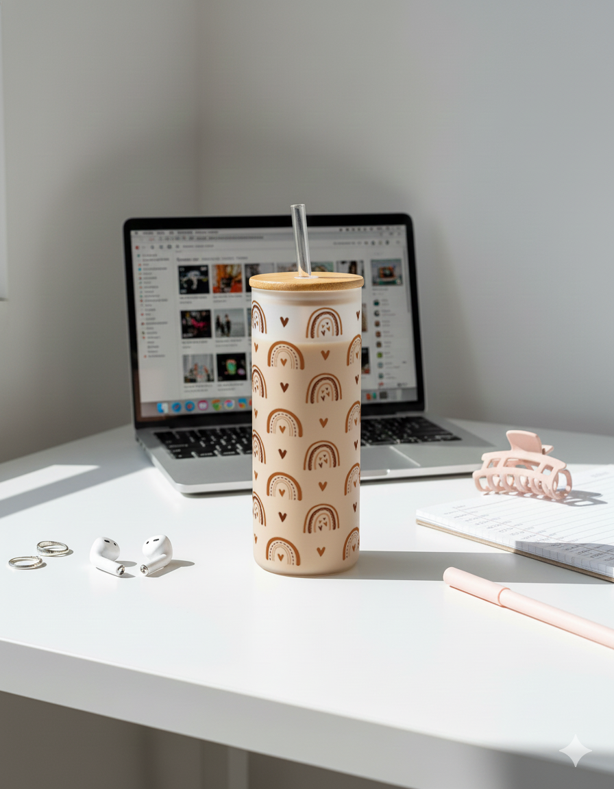 Personalized Frosted Grande Sipper 650 ml |Boho Love Archs Print | Coffee Glass Tumbler with straw and lid