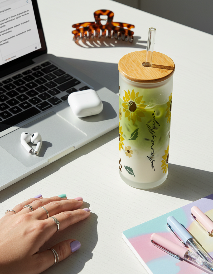 Personalized Frosted Grande Sipper 650 ml |Golden Bloom Print | Coffee Glass Tumbler with straw and lid