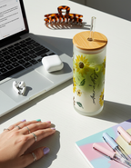 Personalized Frosted Grande Sipper 650 ml |Golden Bloom Print | Coffee Glass Tumbler with straw and lid