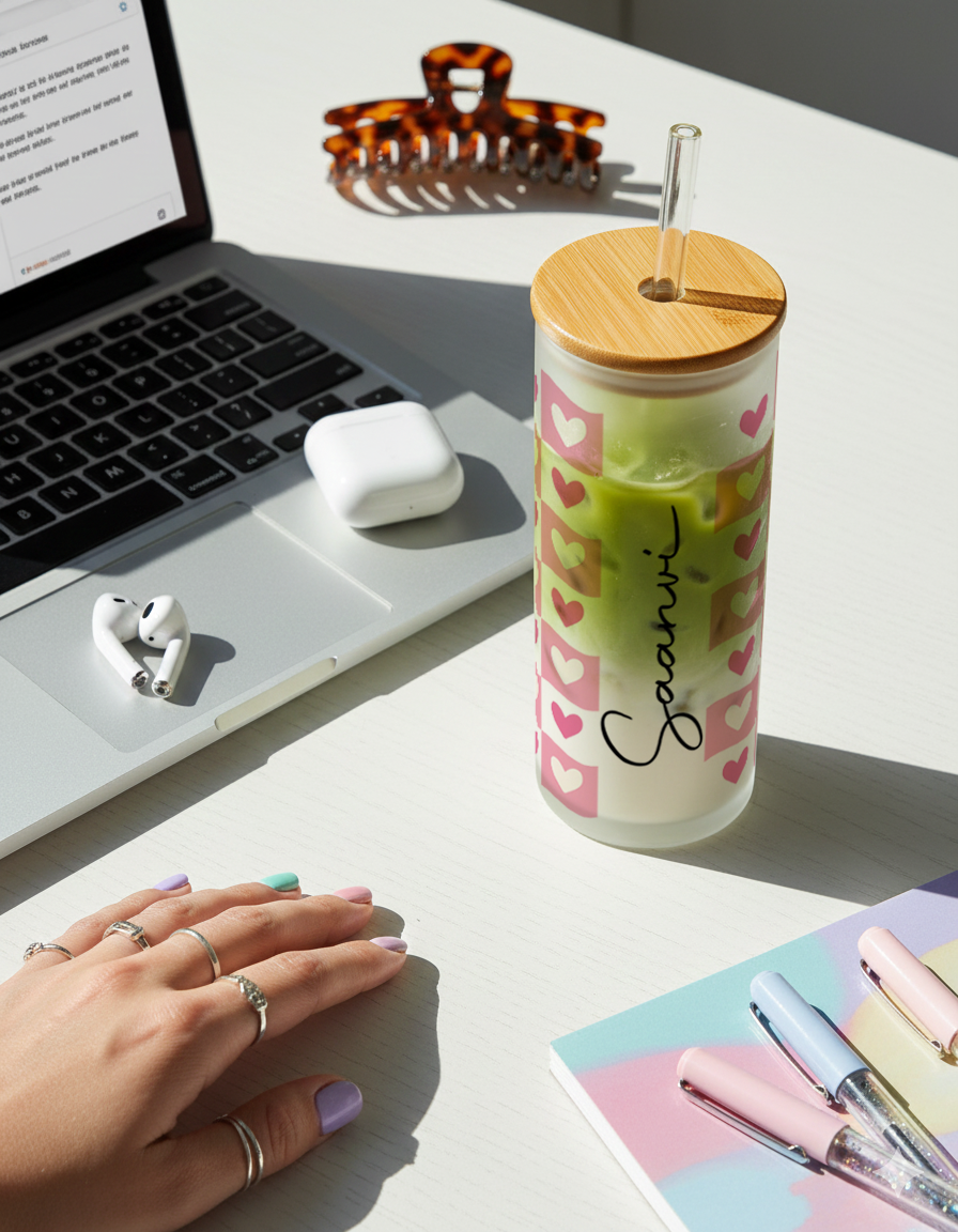 Personalized Frosted Grande Sipper 650 ml |Pink Love Patch Print | Coffee Glass Tumbler with straw and lid