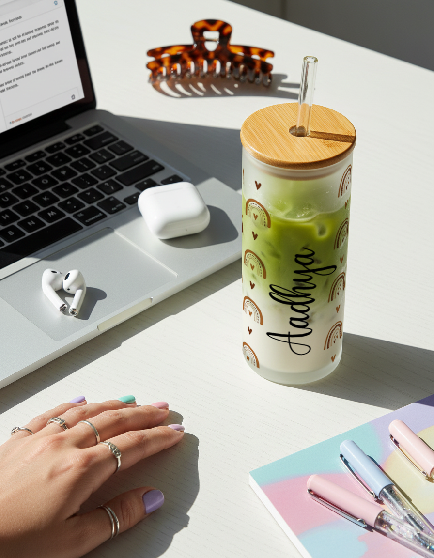 Personalized Frosted Grande Sipper 650 ml |Boho Love Archs Print | Coffee Glass Tumbler with straw and lid