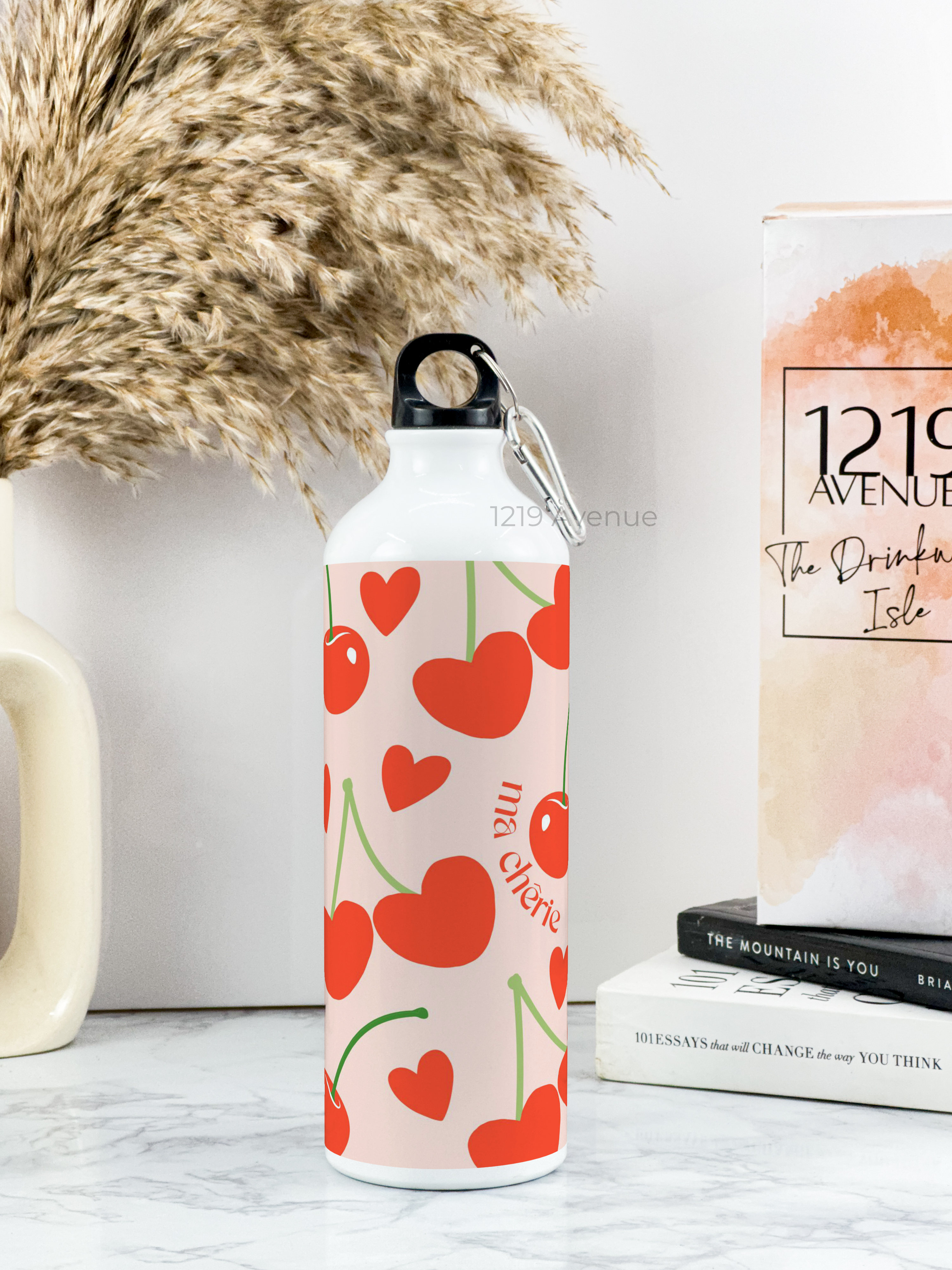 750ml Hooked-Up Water Bottle |Cherries All Over Print | Leak Proof | Printed Bottle with Carry Hook, Durable & Stylish