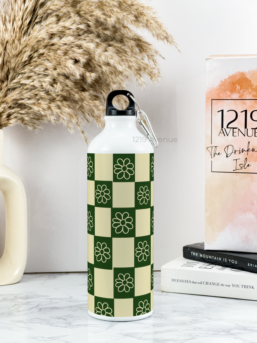 750ml Hooked-Up Water Bottle | Green Flower Checks Print | Leak Proof | Printed Bottle with Carry Hook, Durable & Stylish