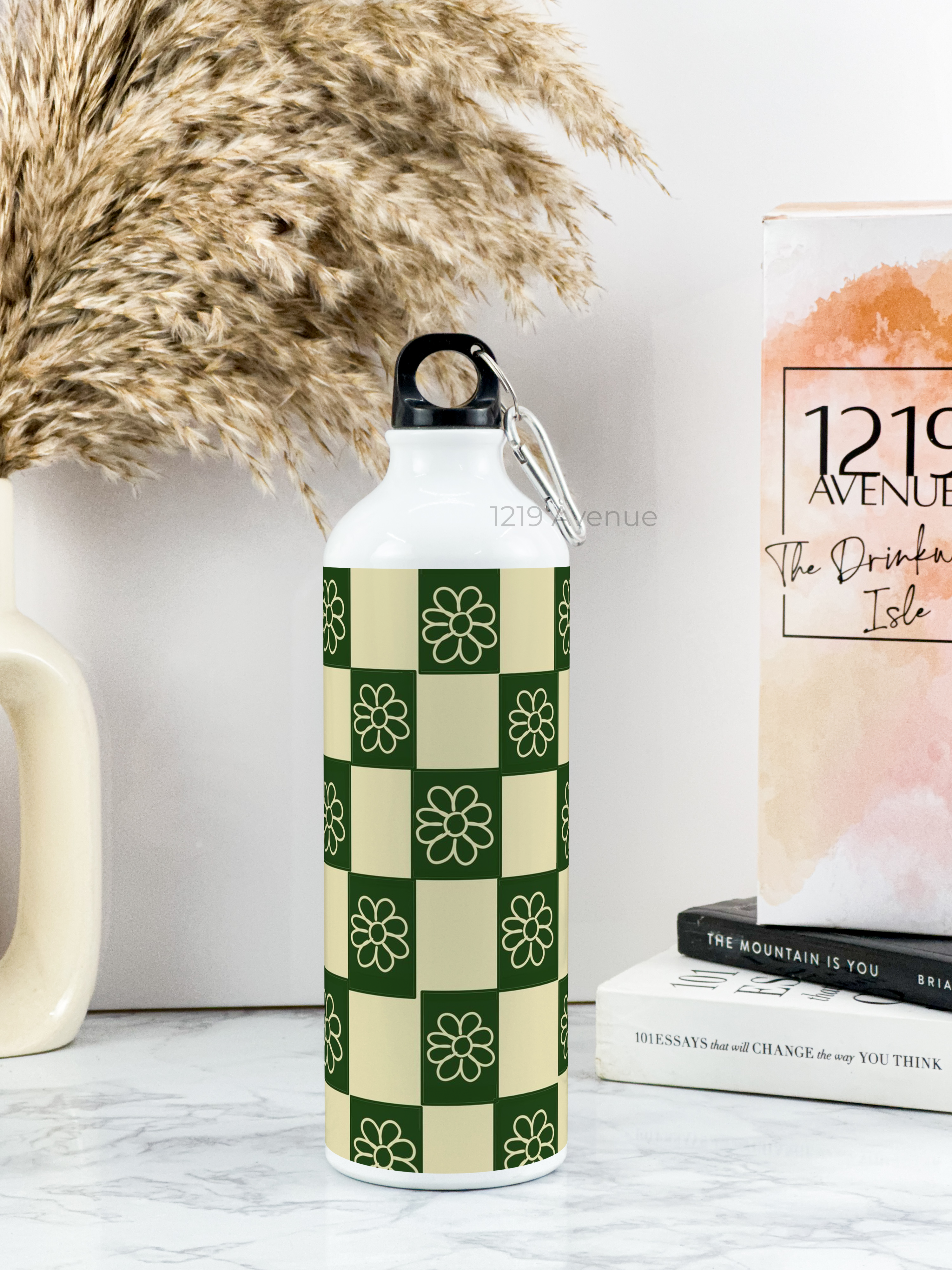 750ml Hooked-Up Water Bottle | Green Flower Checks Print | Leak Proof | Printed Bottle with Carry Hook, Durable & Stylish