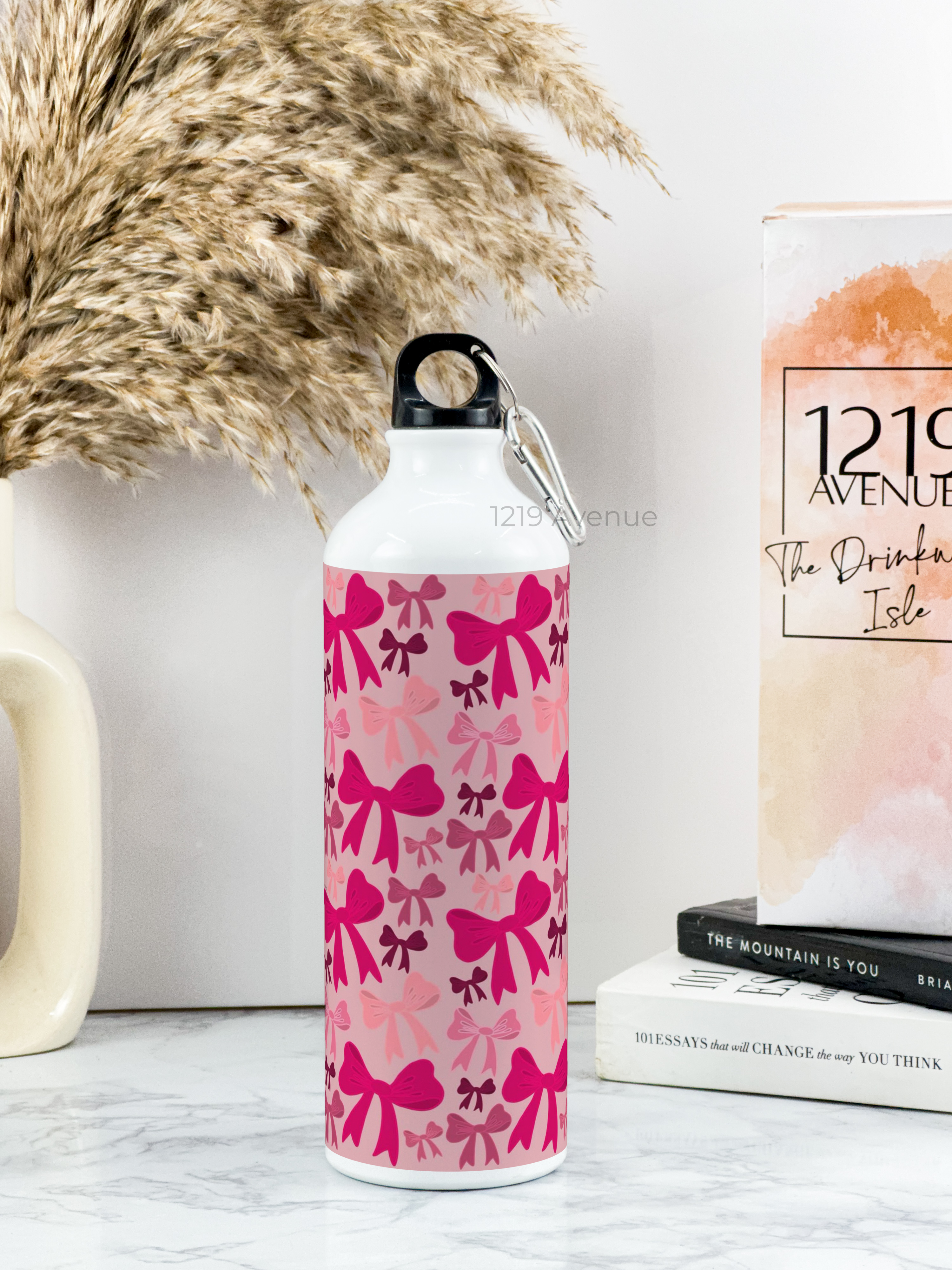 750ml Hooked-Up Water Bottle | Multi-Bows All Over Print | Leak Proof | Printed Bottle with Carry Hook, Durable & Stylish