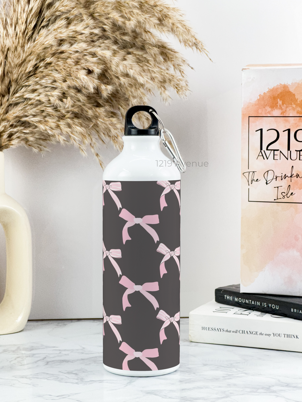 750ml Hooked-Up Water Bottle | Black-Bow Beauty Print | Leak Proof | Printed Bottle with Carry Hook, Durable & Stylish