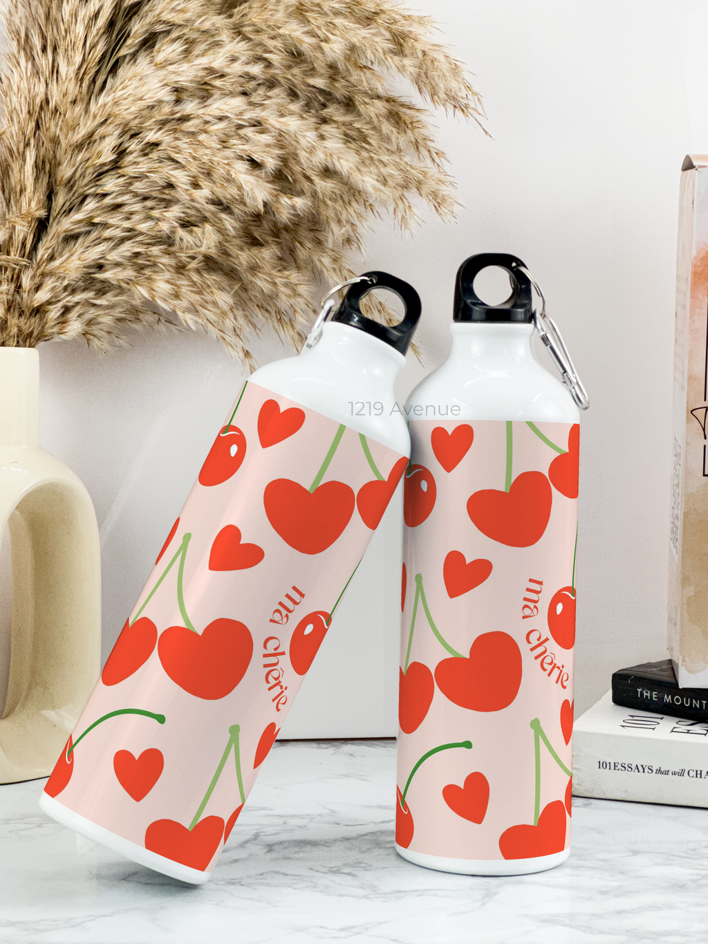 750ml Hooked-Up Water Bottle |Cherries All Over Print | Leak Proof | Printed Bottle with Carry Hook, Durable & Stylish