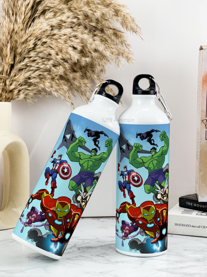 750ml Printed Hooked-Up Water Bottle | Assemble Avengers Print | For Kids, School, Sports | Sipper Bottle with Carry Hook, Durable & Stylish