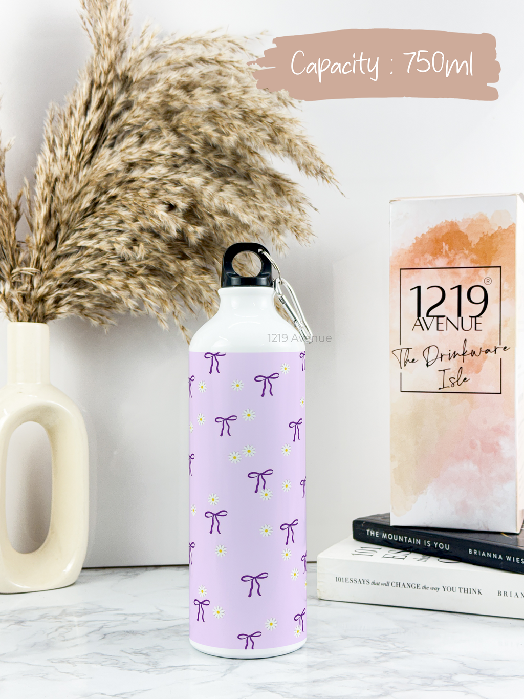 750ml Hooked-Up Water Bottle | Meadows Bows Print | Leak Proof | Printed Bottle with Carry Hook, Durable & Stylish