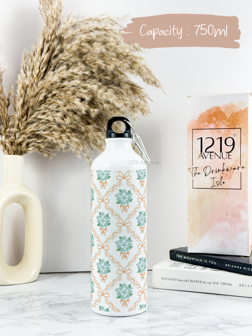 750ml Hooked-Up Water Bottle | Flower Beaut Print | Leak Proof | Printed Bottle with Carry Hook, Durable & Stylish