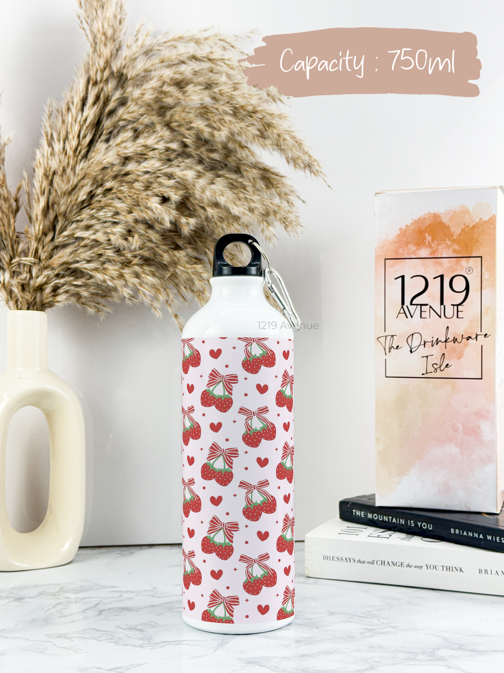 750ml Hooked-Up Water Bottle |Strawberry Burst Print | Leak Proof | Printed Bottle with Carry Hook, Durable & Stylish
