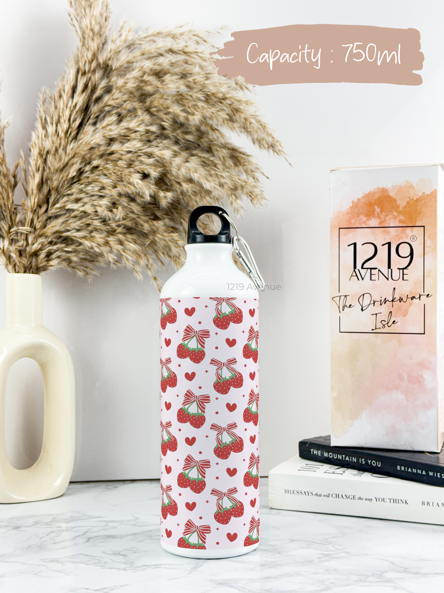 750ml Printed Hooked-Up Water Bottle |Strawberry Burst Print | For Kids, School, Sports | Sipper Bottle with Carry Hook, Durable & Stylish