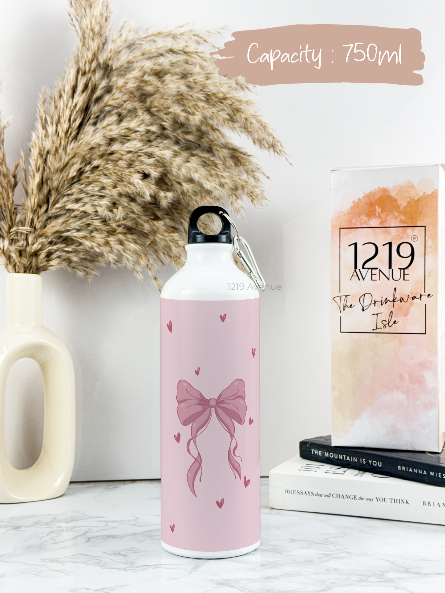 750ml Printed Hooked-Up Water Bottle | Abstract Bow Print | For Kids, School, Sports | Sipper Bottle with Carry Hook, Durable & Stylish