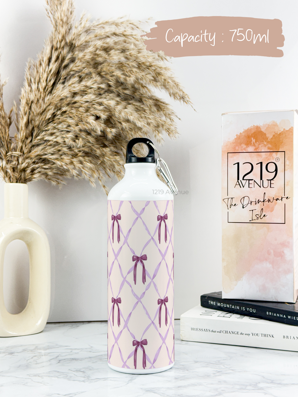 750ml Hooked-Up Water Bottle | Choq Bows Print | Leak Proof | Printed Bottle with Carry Hook, Durable & Stylish